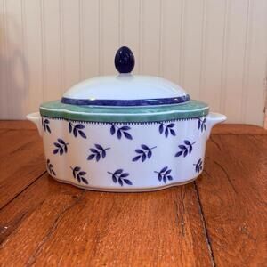 Villeroy & Boch Switch 3 Oval Covered Vegetable dish white blue leaves green ban